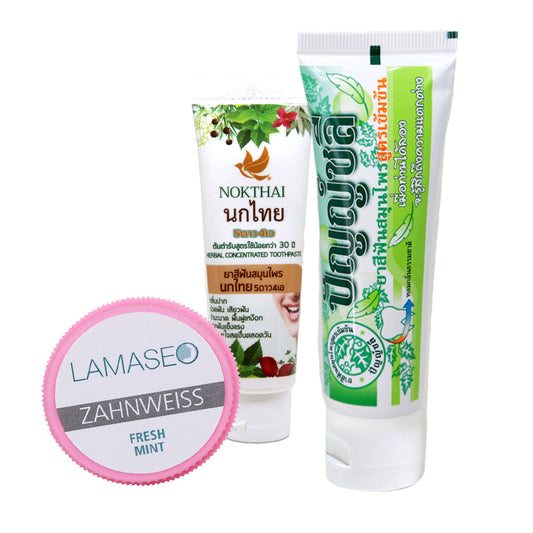 Lamaseo - Zahnweiss Pflegeset - für Extra weisse und gesunde Zähne - Naturprodukt - bestehend aus 1 Kräuterzahnpaste, Zahnweiss Tube rosa und Zahnweiss rund